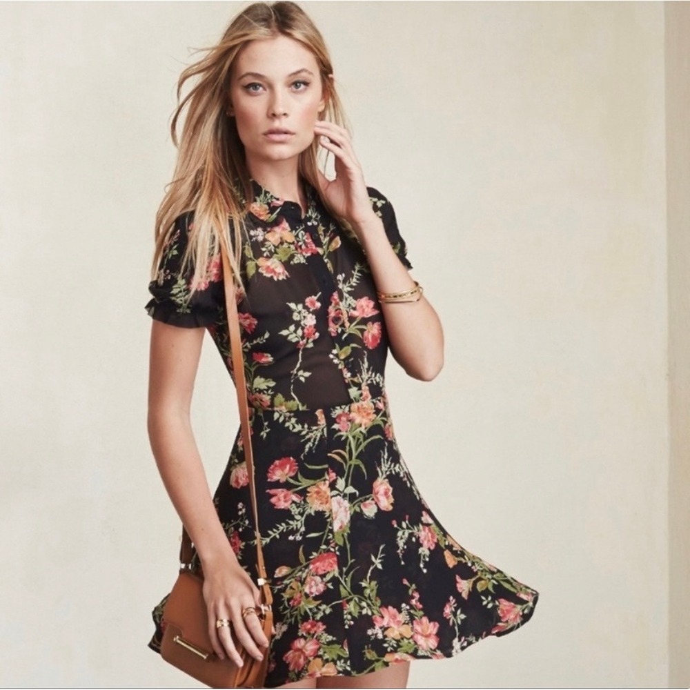 Reformation Mckendrie Floral Sheer Collar Short Sleeve Mini Shirt‎ Dress Black 2